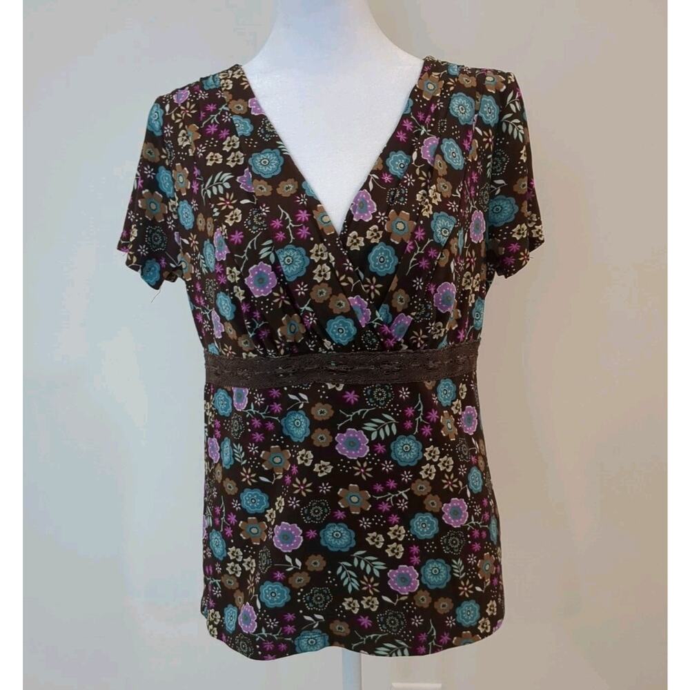 Charter Club Y2K Cap Sleeve M Top Floral Retro Crossover Lace Babydoll